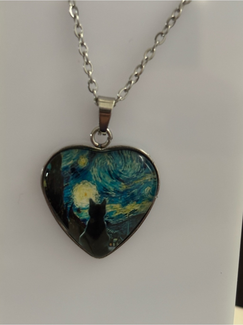 Silver Tone Starry Night Cat Pendant Necklace, Van Gogh Inspired, Dome Cabochon,